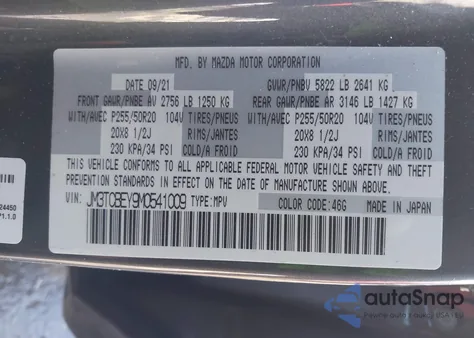 2021 Mazda Cx-9 Signature from USA, damaged, VIN JM3TCBEY9M0541009
